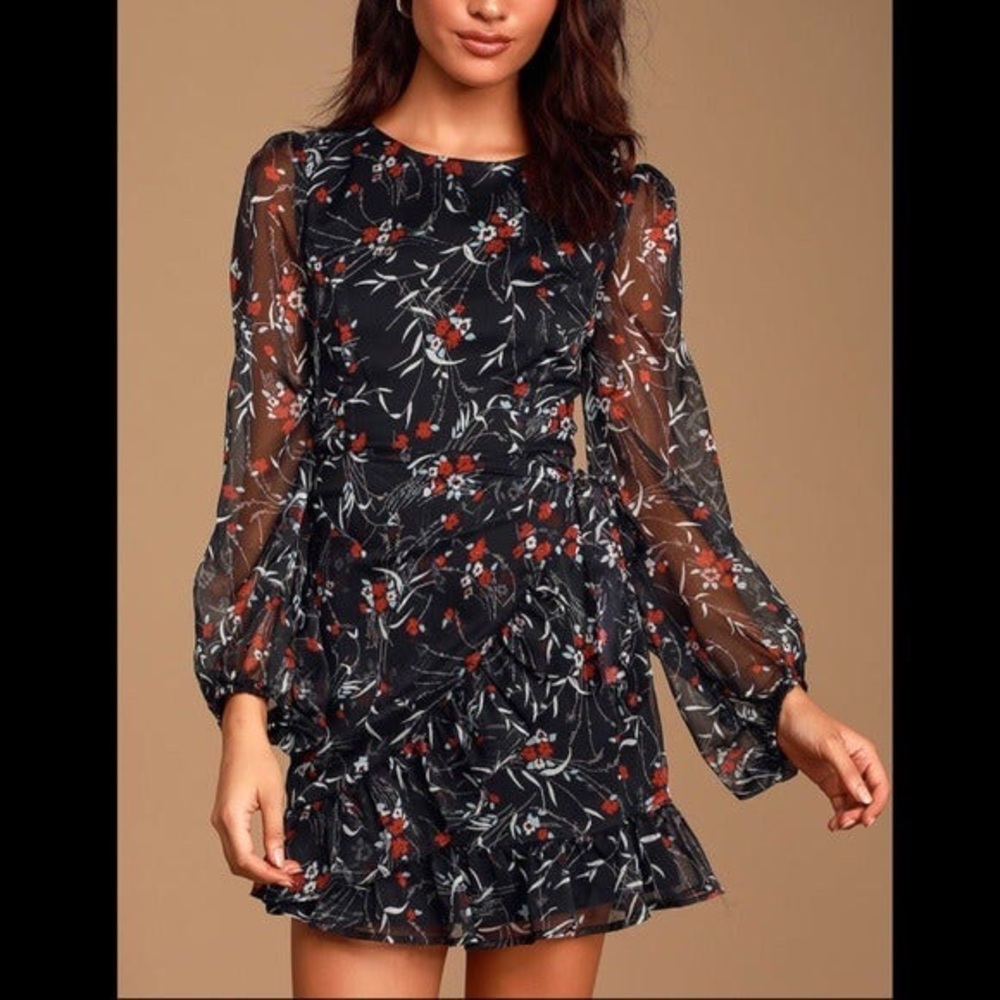 Lulu’s Petal Black Floral Print Chiffon Dress
